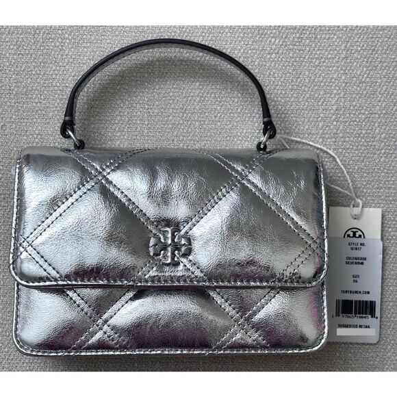 TORY BURCH Kira Diamond Quilted Metallic SILVER Leather Top- Handle Crossbody - Picture 1 of 10